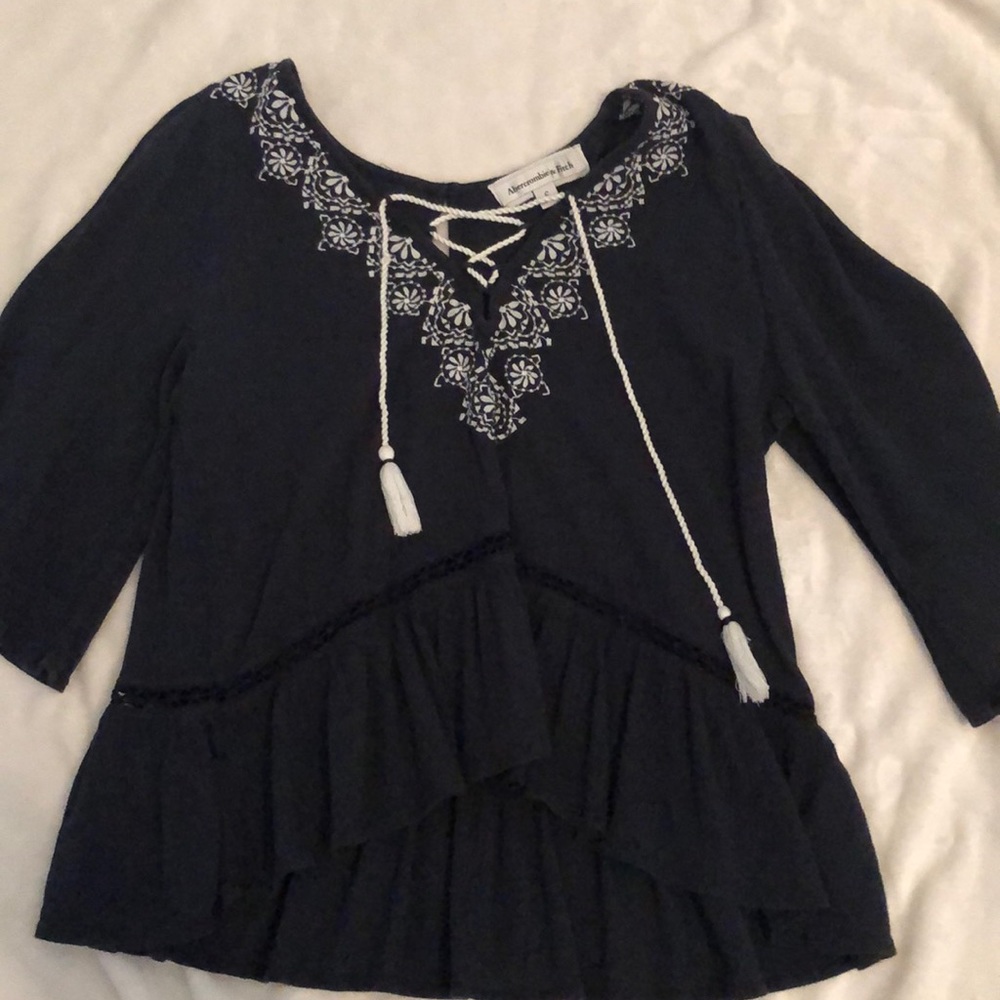 Navy Blue Embroidered Peasant Top | A & F